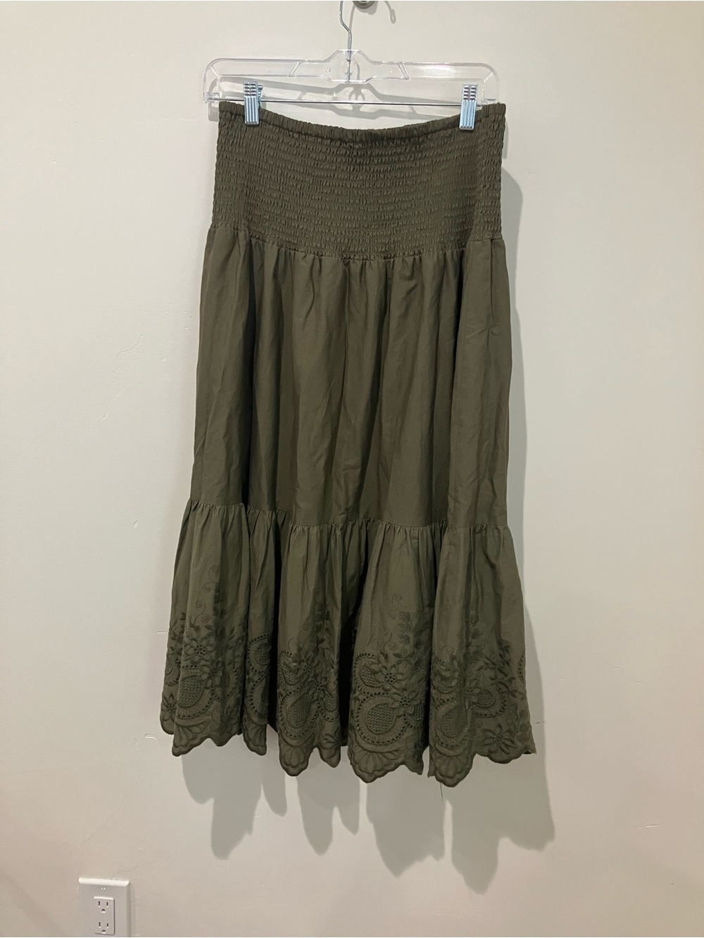 Jason Wu Eyelet Tiered Smocked Midi Skirt with Embroidered Hem Olive Green